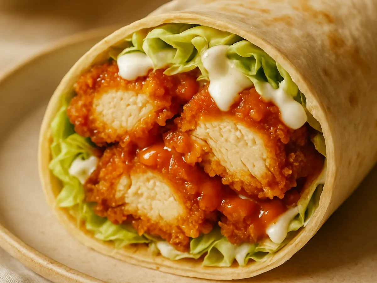 Crispy buffalo chicken wrap cut in half, sauce dripping — a high-protein remix from the cookbook